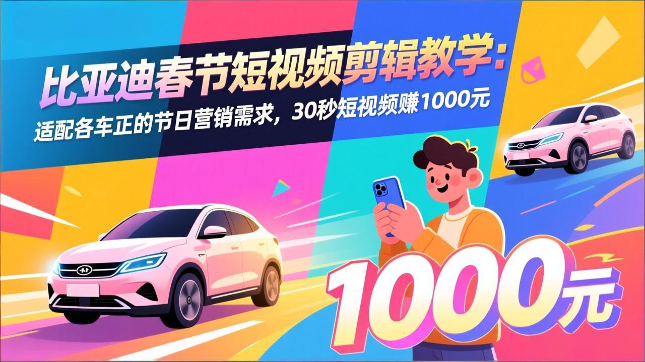 比亚迪春节短视频剪辑教学：适配各车企的节日营销需求，30秒短视频赚1000元-搞钱利器