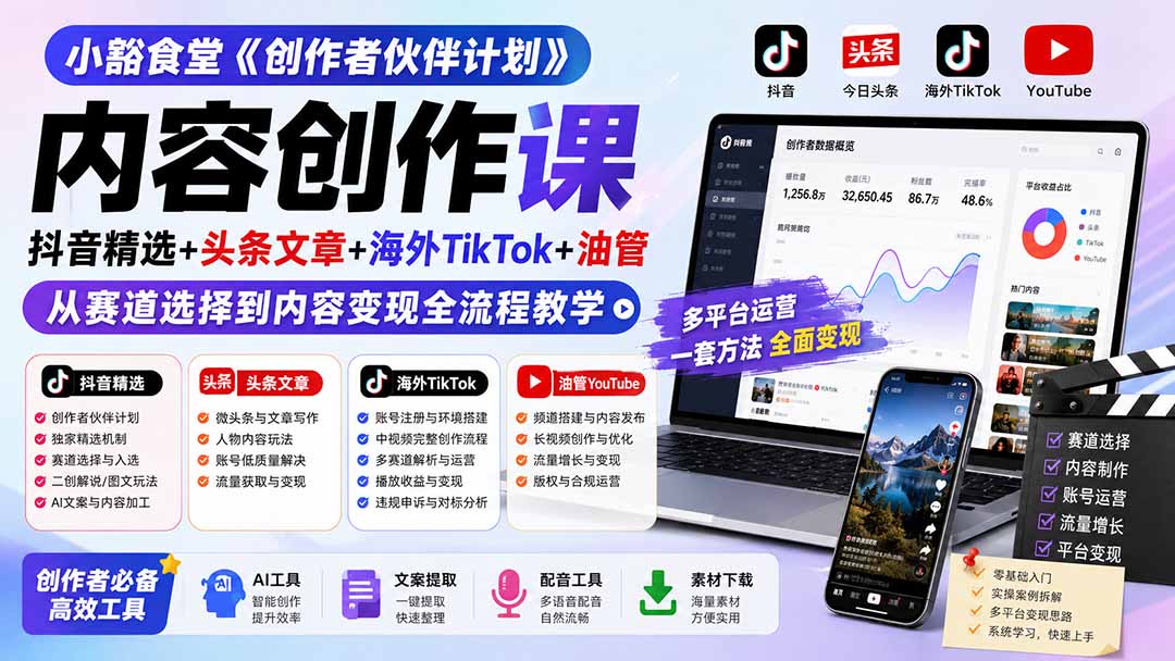 小豁食堂《创作者伙伴计划》内容创作课：抖音精选+头条文章+海外TikTok+油管，从赛道选择到内容变现全流程教学-搞钱利器