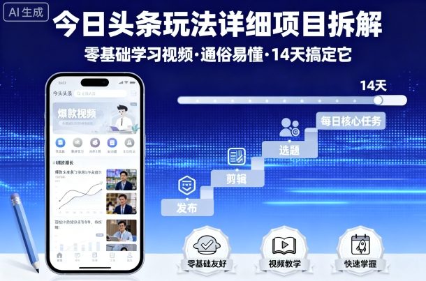 今日头条玩法详细项目拆解，零基础学习视频 通俗易懂 14天搞定它-搞钱利器