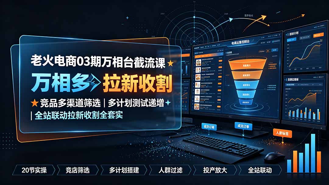 老火电商03期万相台截流课:竞品多渠道筛选|多计划测试递增|全站联动拉新收割全套实操教学-搞钱利器