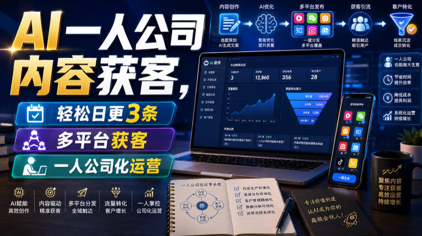 AI一人公司内容获客，轻松日更3条，多平台获客，一人公司化运营-搞钱利器