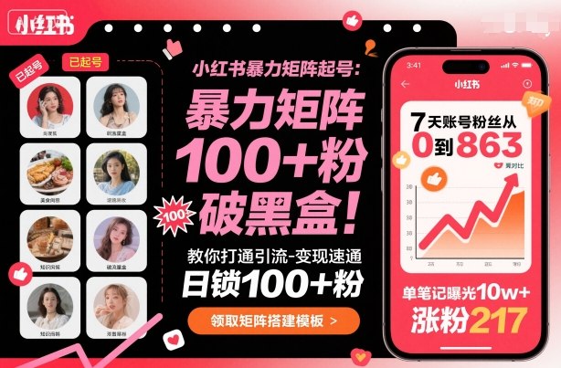 小红书暴力矩阵起号，教你打通引流-变现速通，日锁100+粉，破流量黑盒-搞钱利器