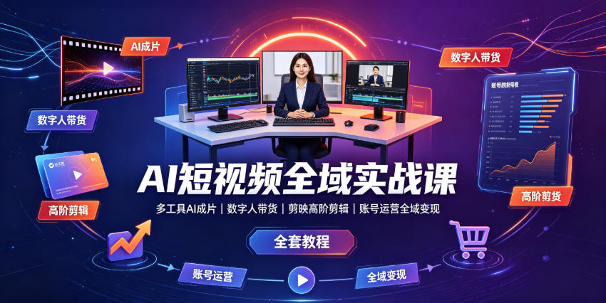 AI短视频全域实战课｜多工具AI成片、数字人带货、剪映高阶剪辑、账号运营全域变现全套教程-搞钱利器