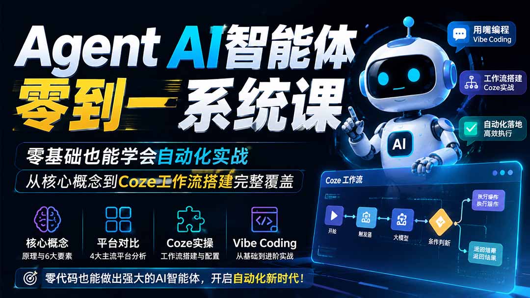 Agent AI智能体零到一系统课；零基础也能学会自动化实战，从核心概念到Coze工作流搭建完整覆盖-搞钱利器