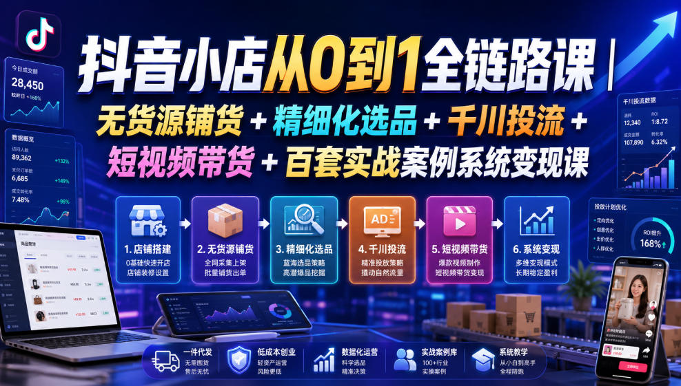 抖音小店从0到1全链路课｜无货源铺货+精细化选品+千川投流+短视频带货+百套实战案例系统变现课(2026年7月更新)-搞钱利器