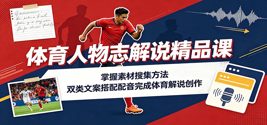 体育人物志解说精品课：掌握素材搜集方法，双类文案搭配配音完成体育解说创作-搞钱利器