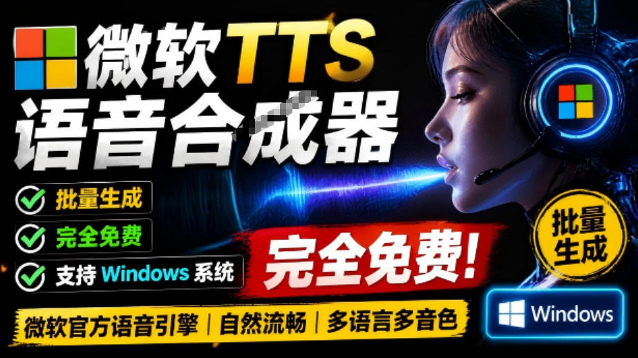 微软TTS免费语音配音生成器，完全免费，支持多语音、多音色选择，Windows系统专用TTS语音合成器-搞钱利器