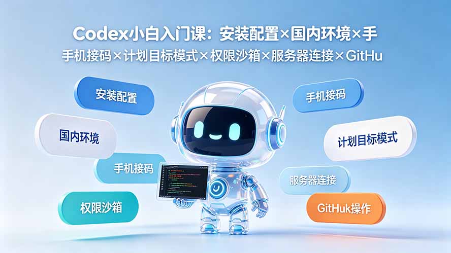 Codex小白入门课：安装配置×国内环境×手机接码×计划目标模式×权限沙箱×服务器连接×GitHub操作-搞钱利器