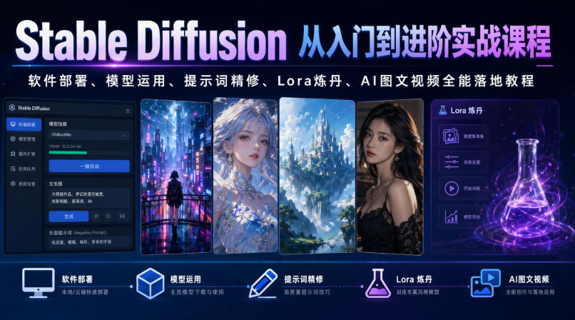Stable Diffusion从入门到进阶实战课程｜软件部署、模型运用、提示词精修、Lora炼丹、AI图文视频全能落地教程-搞钱利器