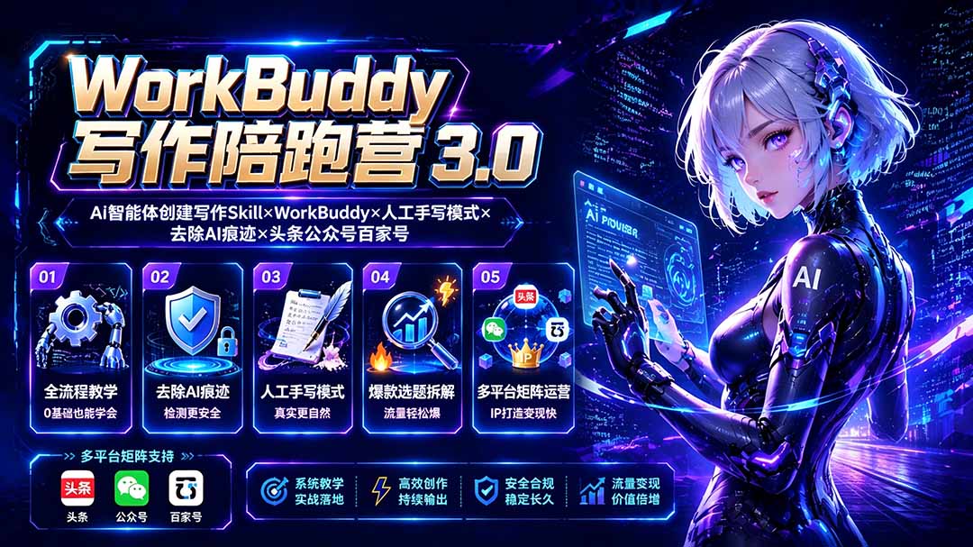 WorkBuddy写作陪跑营3.0-更新：Ai智能体创建写作Skill×WorkBuddy×人工手写模式×去除AI痕迹×头条公众号百家号-搞钱利器