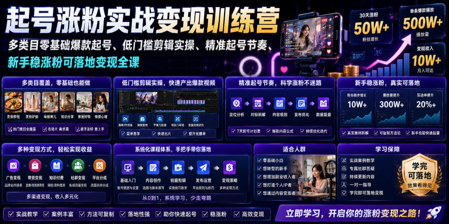 苗子起号涨粉实战变现训练营,多类目零基础爆款起号、精准起号节奏、新手稳涨粉可落地变现全课(更新0719)-搞钱利器