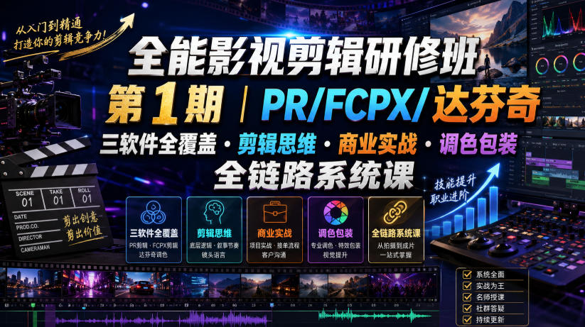 全能影视剪辑研修班第1期|PR/FCPX/达芬奇三软件全覆盖・剪辑思维・商业实战・调色包装全链路系统课-搞钱利器