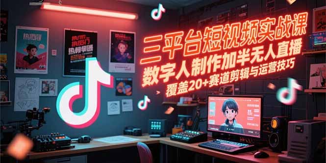 三平台短视频实战课，数字人制作加半无人直播，覆盖20+赛道剪辑与运营技巧-搞钱利器