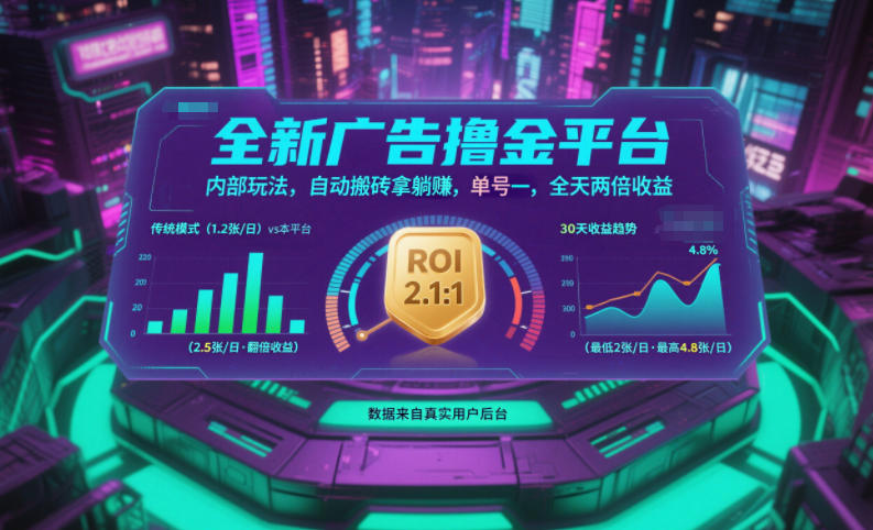 全新广告撸金平台,内部玩法,自动搬砖拿躺賺,单号一天保底2张+,全天两倍收益【揭秘】-搞钱利器