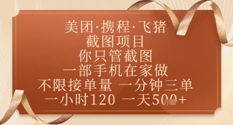飞猪美团截图项目，你只管截图，一部手机在家做，正规平台无套路，一天5张+【揭秘】-搞钱利器