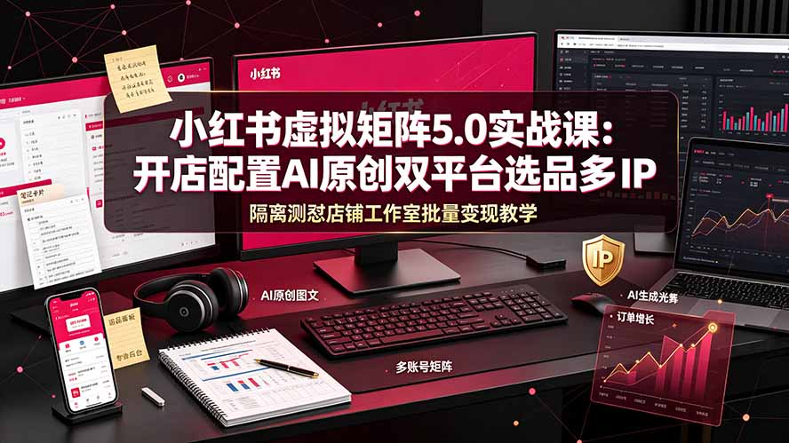 小红书虚拟矩阵5.0实战课：开店配置｜AI原创｜双平台选品｜多IP隔离｜测怼店铺工作室批量变现实操教学-搞钱利器