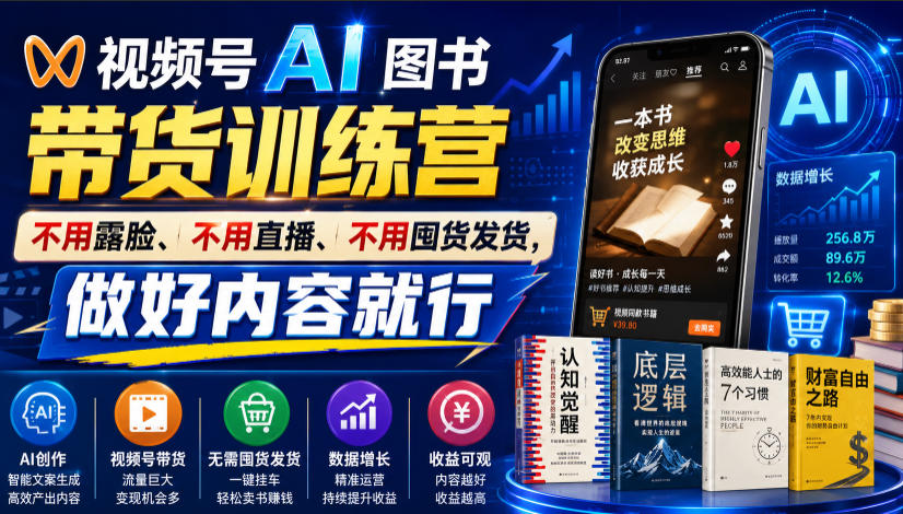 视频号AI图书带货训练营,不用露脸、不用直播、不用囤货发货,做好内容就行,一条爆款视频佣金8942-搞钱利器