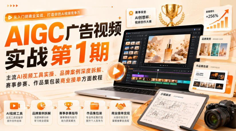 AIGC广告视频实战第1期，主流AI视频工具实操、品牌案例深度拆解、赛事参赛、作品集包装商业接单方面教程-搞钱利器