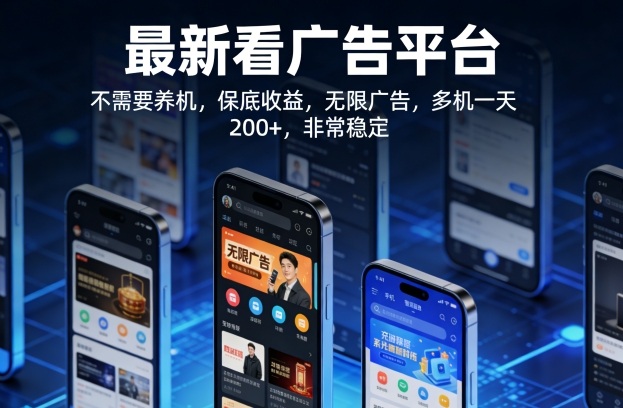 最新看广告平台，不需要养机，保底收益，无限广告，多机一天200+，非常稳定【揭秘】-搞钱利器