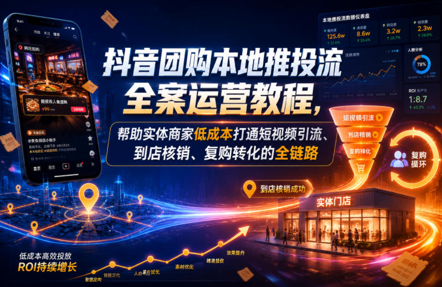 抖音团购本地推投流全案运营教程，帮助实体商家低成本打通短视频引流、到店核销、复购转化的全链路-搞钱利器
