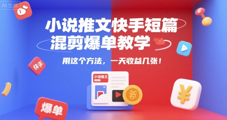 小说推文快手短篇混剪爆单教学，用这个方法，一天收益几张-搞钱利器