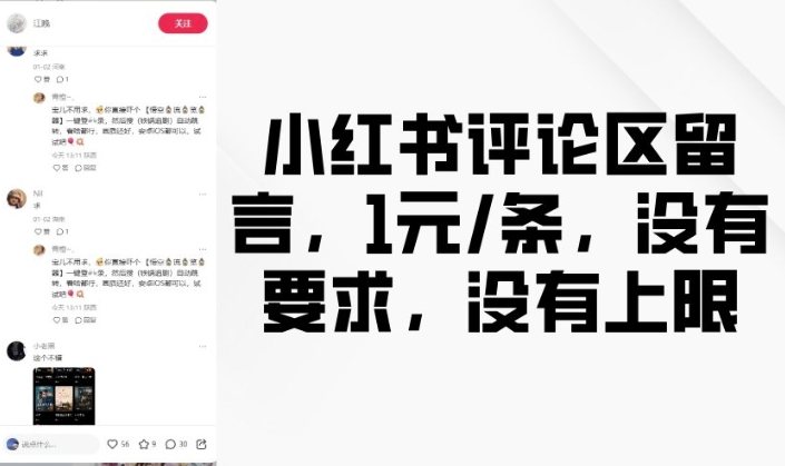 小红书评论区留言，1元条，没有要求，没有上限-搞钱利器
