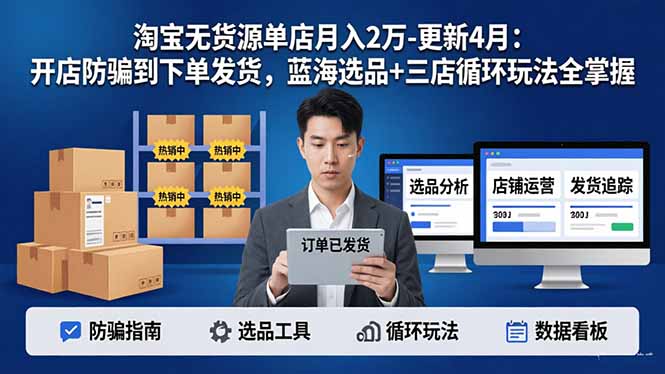 淘宝无货源5.0单店月入2万-更新4月：开店防骗到下单发货，蓝海选品+三店循环玩法全掌握-搞钱利器