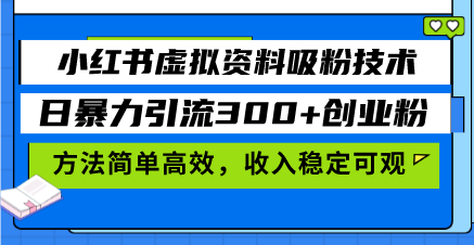 小红书虚拟资料吸粉技术，日暴力引流300+创业粉，方法简单高效，收入稳…-搞钱利器