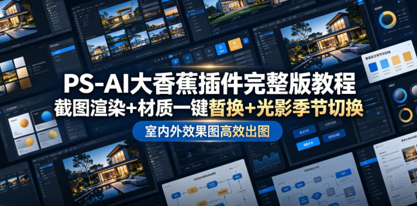 PS-AI大香蕉插件完整版教程，截图渲染+材质一键替换+光影季节切换，室内外效果图高效出图高阶课程-搞钱利器