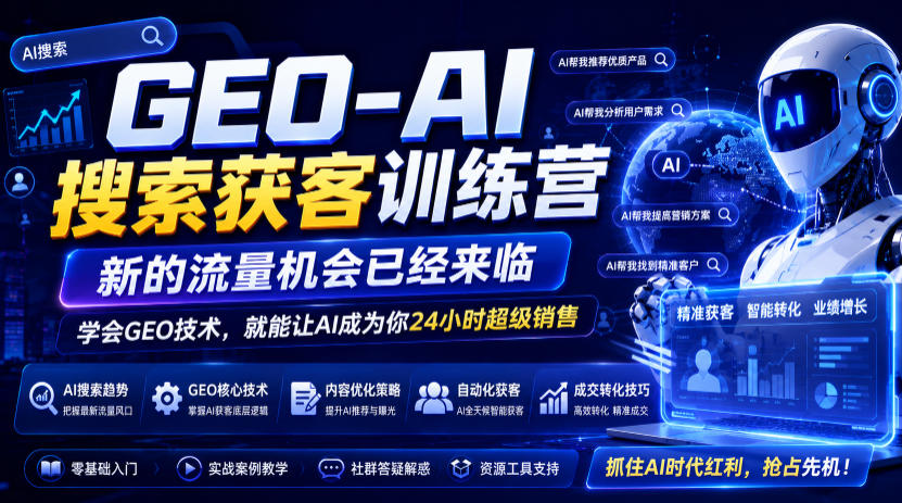 GEO-AI搜索获客训练营，新的流量机会已经来临，学会GEO技术，就能让AI成为你24小时超级销售-搞钱利器