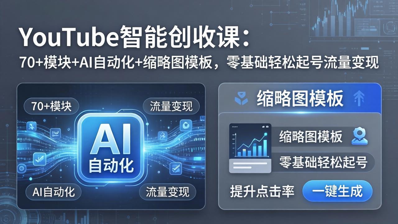 YouTube智能创收课：70+模块+AI自动化+缩略图模板，零基础轻松起号流量变现-搞钱利器