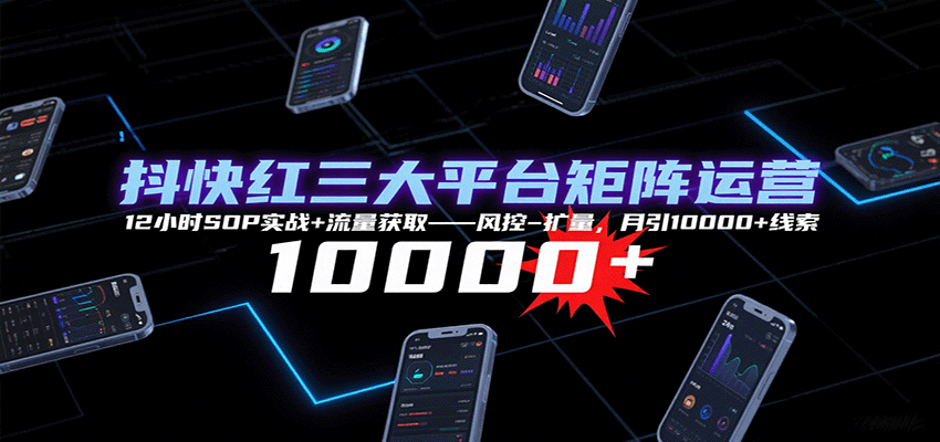 抖快红三大平台矩阵运营，12小时SOP实战+流量获取-风控-扩量，月引10000+线索-搞钱利器