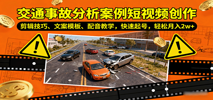 交通事故分析案例短视频创作，剪辑技巧、文案模板、配音教学，快速起号，轻松月入2w+-搞钱利器