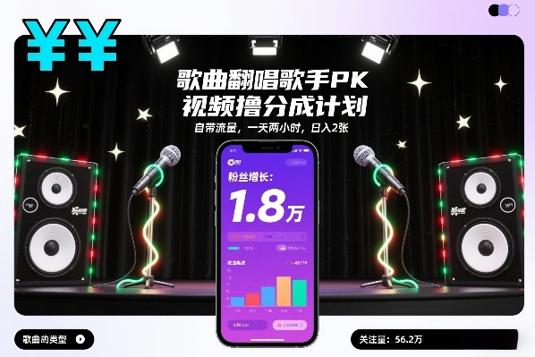 歌曲翻唱歌手PK视频撸分成计划，自带流量，一天两小时，日入2张-搞钱利器