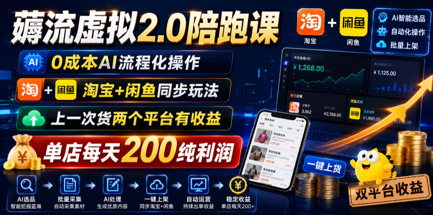 薅流虚拟2.0陪跑课，0成本AI流程化操作，淘宝+闲鱼同步玩法，上一次货两个平台有收益，单店每天200纯利润-搞钱利器