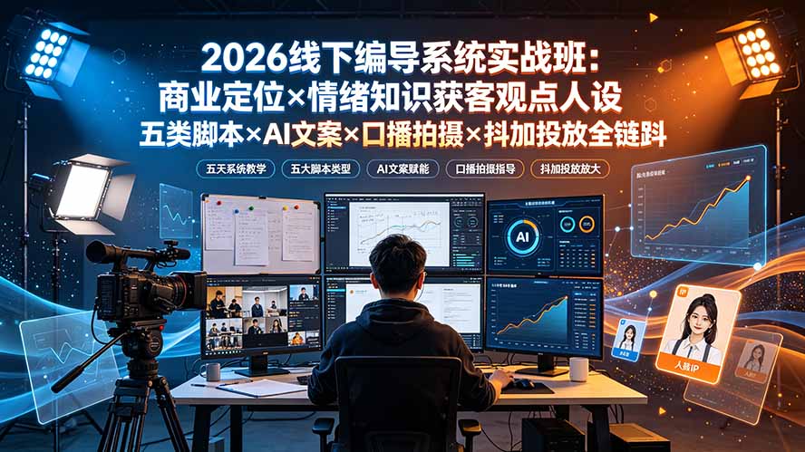 2026线下编导系统实战班：商业定位×情绪知识获客观点人设五类脚本×AI文案×口播拍摄×抖加投放全链路-搞钱利器