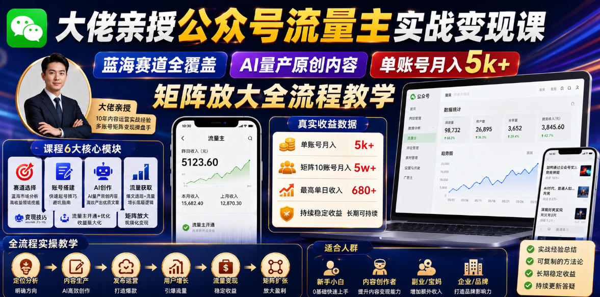 大佬亲授公众号流量主实战变现课,蓝海赛道全覆盖,AI量产原创内容,单账号月入5k+矩阵放大全流程教学-搞钱利器