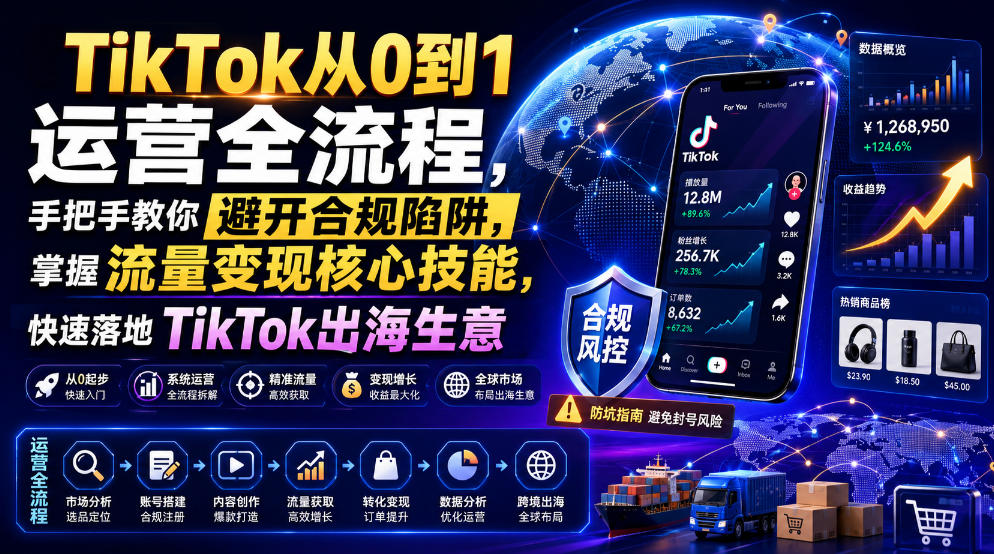 TikTok从0到1运营全流程，手把手教你避开合规陷阱，掌握流量变现核心技能，快速落地TikTok出海生意(更新8月)-搞钱利器