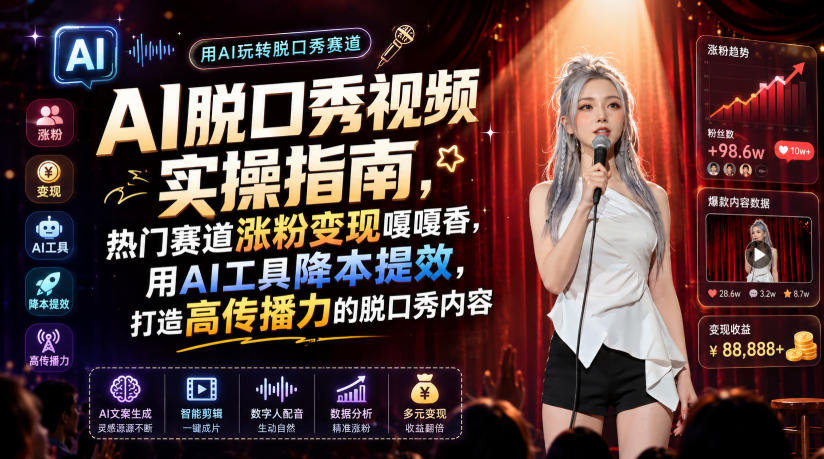 AI脱口秀视频实操指南，热门赛道涨粉变现嘎嘎香，用AI工具降本提效，打造高传播力的脱口秀内容-搞钱利器