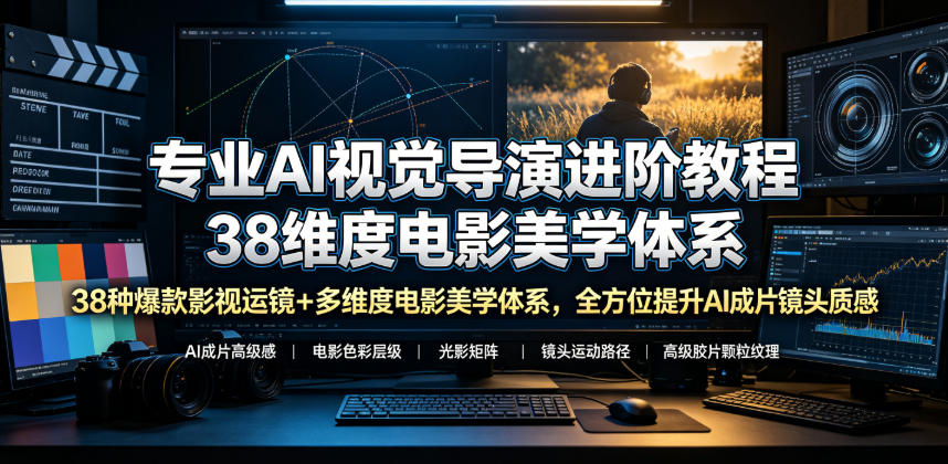 专业AI视觉导演进阶教程，38种爆款影视运镜+多维度电影美学体系，全方位提升AI成片高级感与镜头质感-搞钱利器
