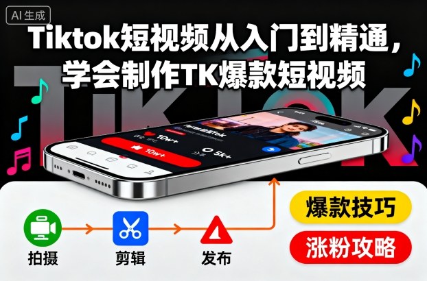 Tiktok短视频从入门到精通,学会制作TK爆款短视频-搞钱利器