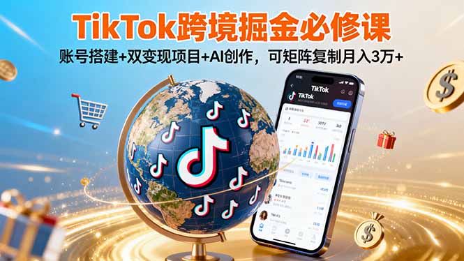 TikTo跨境掘金必修课，账号搭建+双变现项目+AI创作，可矩阵复制月入3万+-搞钱利器