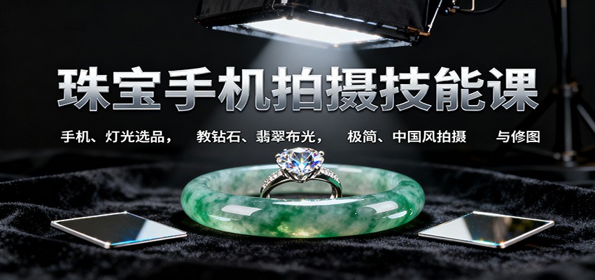 珠宝手机拍摄技能课:手机、 灯光选品，教钻石、翡翠布光，极简、中国风拍摄与修图-搞钱利器