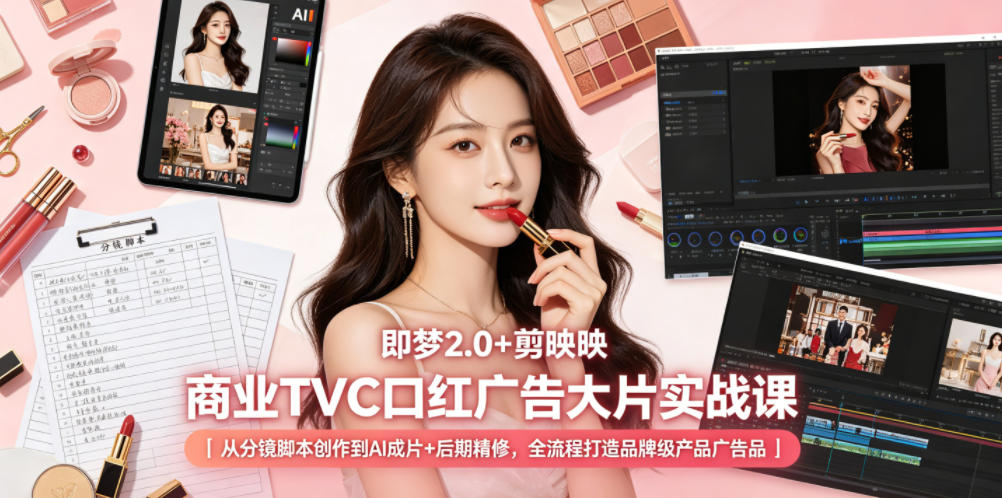 即梦2.0+剪映商业TVC口红广告大片实战课｜从分镜脚本创作到AI成片+后期精修，全流程打造品牌级产品广告-搞钱利器