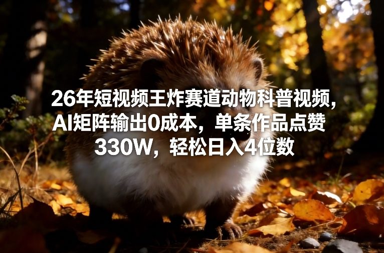 26年短视频王炸赛道动物科普视频，AI矩阵输出0成本，单条作品点赞330W，轻松日入4位数-搞钱利器