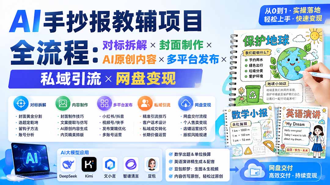 AI手抄报教辅项目全流程：对标拆解×封面制作×AI原创内容×多平台发布×私域引流×网盘变现-搞钱利器