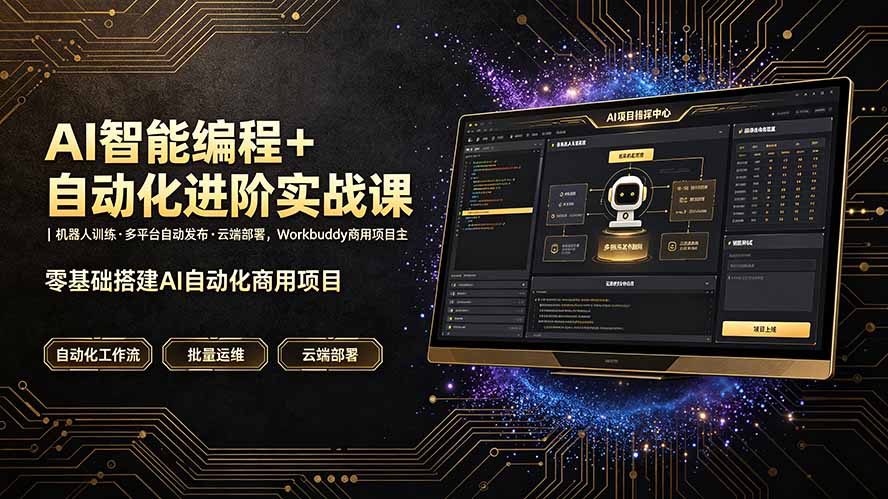 AI智能编程+自动化进阶实战课｜机器人训练·多平台自动发布·云端部署，Workbuddy商用项目全流程教学-搞钱利器