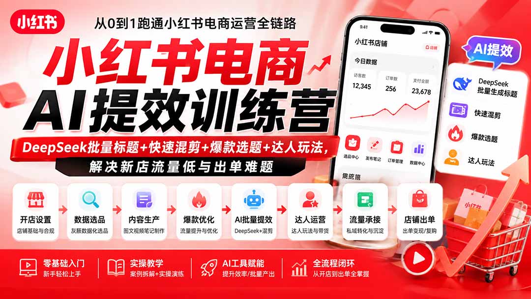 小红书电商AI提效训练营—DeepSeek批量标题+快速混剪+爆款选题+达人玩法，解决新店流量低与出单难题-搞钱利器