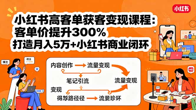 小红书高客单获客变现课程：客单价提升300%，打造月入10万+小红书商业闭环-搞钱利器