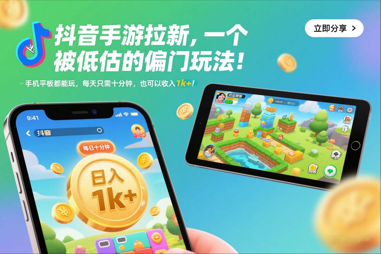 抖音手游拉新，一个被低估的偏门玩法！手机平板都能玩，每天只需十分钟，也可以收入1k+【揭秘】-搞钱利器